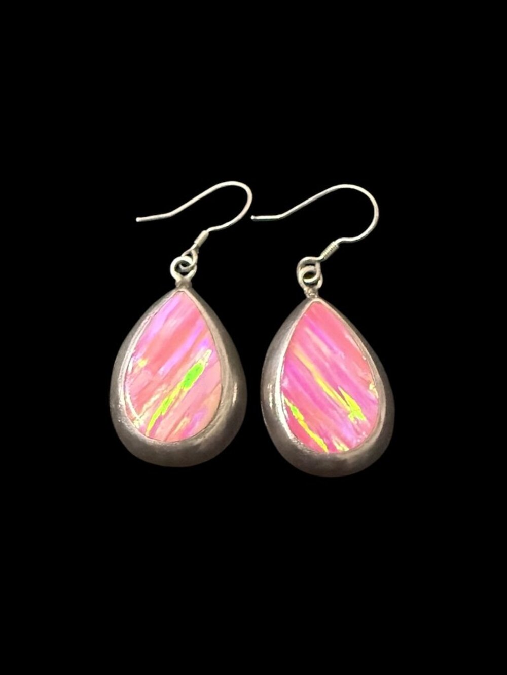 Mexico 925 Sterling Silver Pink Iridescent Inlay Teardrop Drop Earrings